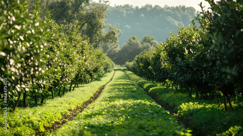 Poster sunlight filters through lush orchard with rows of trees and greenery