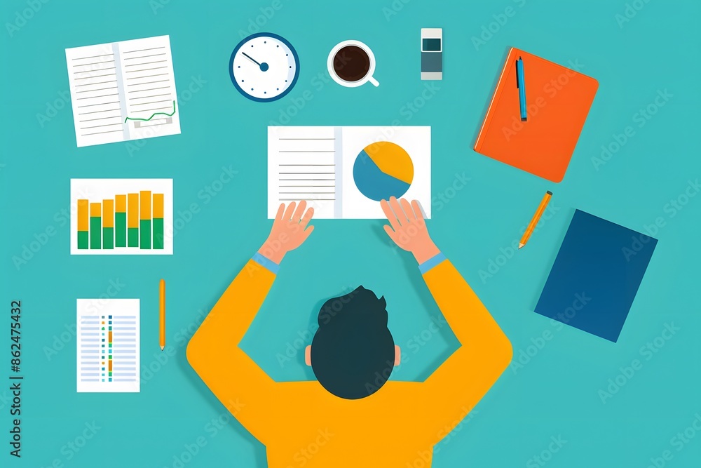 Poster top view of person analyzing business charts and graphs on desk with notebook, coffee, and smartphon