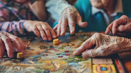 Obraz premium A group of senior people is playing board games together. Elderly people play board games.