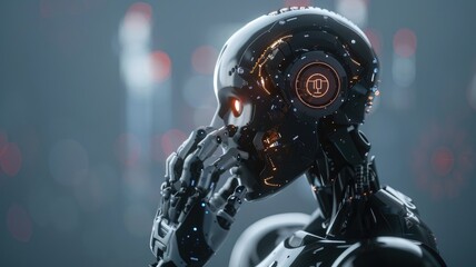 Fototapeta premium Futuristic robot with humanoid features contemplating, against blurred background red lights