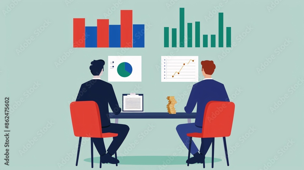 Poster two business professionals analyzing data charts and graphs in an office setting, working together o