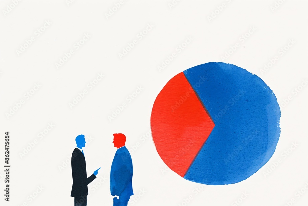 Poster two businessmen in discussion with a colorful pie chart in the background, representing business dat