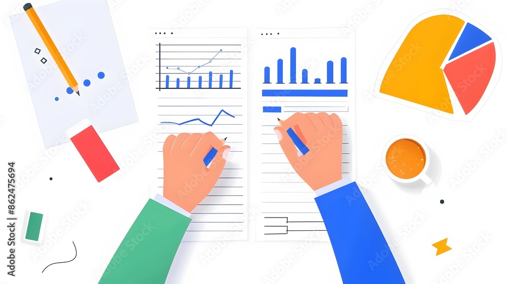 Poster two hands analyzing financial graphs and charts with a cup of coffee. business data analysis concept