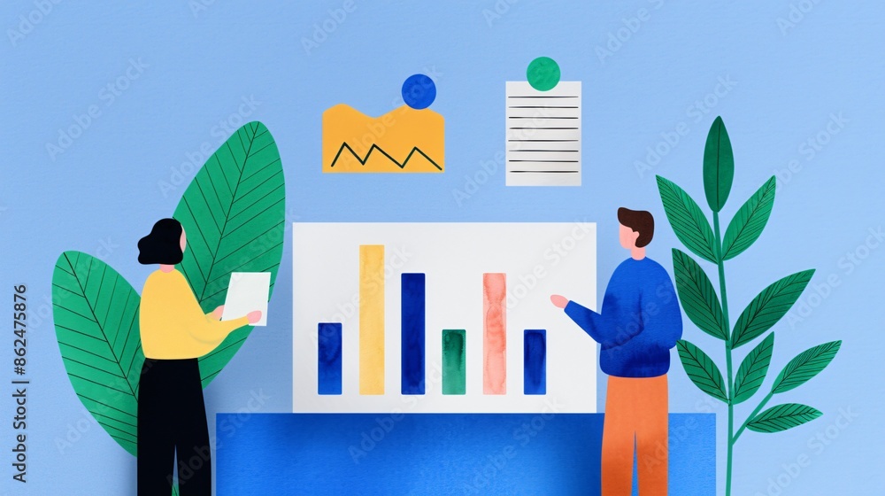Poster two people analyzing colorful bar graphs on screen, surrounded by abstract minimalist elements and p