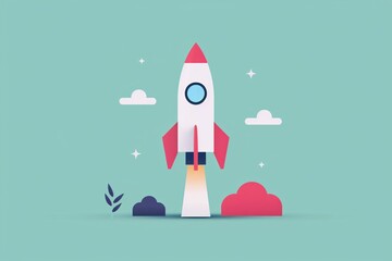 Illustration of a cartoon rocket launching into the sky with clouds and stars. Perfect for space, startup, and innovation themes.