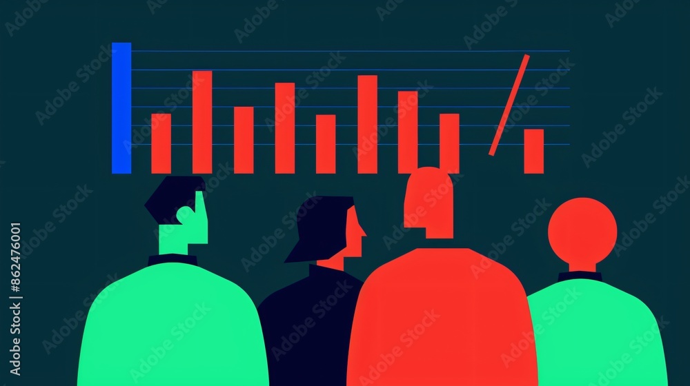 Poster illustration of four people analyzing a bar graph on a dark background, highlighting data representa