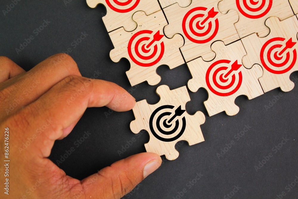 Poster wooden puzzle with stack target icon. the concept of finding new targets. re-strategize