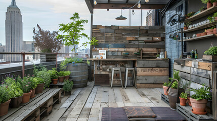 Antique rooftop terrace furnished with salvaged wood pieces, industrial decor, and an herb sanctuary for mixology experiments