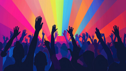 A crowd of people are dancing and singing at a concert