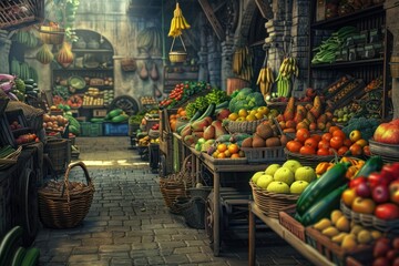 A busy market filled with an array of vibrant fruits and vegetables, neatly arranged in stalls. The colors pop against the backdrop of rustic wooden carts and woven baskets.