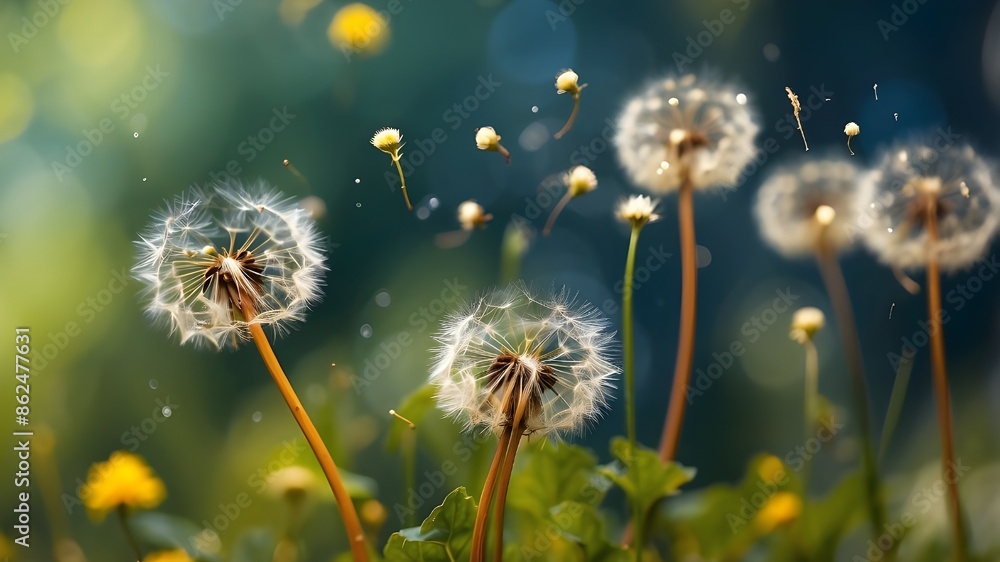 Poster abstract blurring background of nature with dandelions and parachute seeds. nature's abstract bokeh 