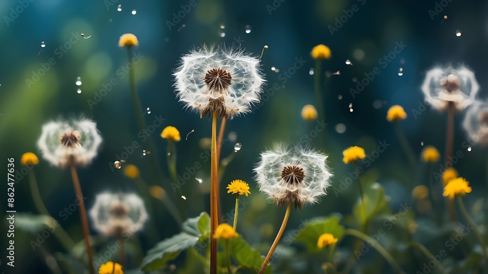 Poster abstract blurring background of nature with dandelions and parachute seeds. nature's abstract bokeh 