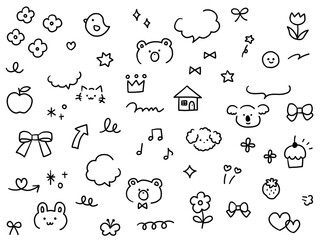 手描きのかわいい飾りイラストのベクターイラストセット　ふきだし　ハート　動物　星　花　矢印　リボン © chie