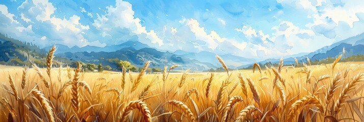 Yellow ripe ears of wheat and barley against the background of a sunny autumn summer landscape. Greeting card, banner, poster. The traditional Jewish holiday of Shavuot. watercolor, copy space.