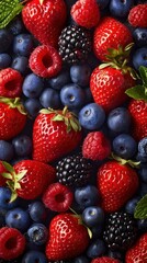 Berries, raspberries, and blueberries are neatly arranged in a pleasing geometric pattern