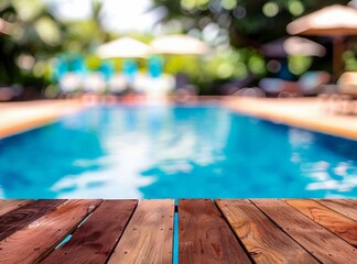 Empty old wooden surface on a blurred background of the pool tropical hotel. empty wooden pier on the background of a pool hotel Mock-up of a showcase for demonstrating products tourism. Copy space