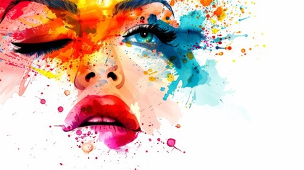 Vector portrait beuty women with blue eye and red lips. colorful ink splash