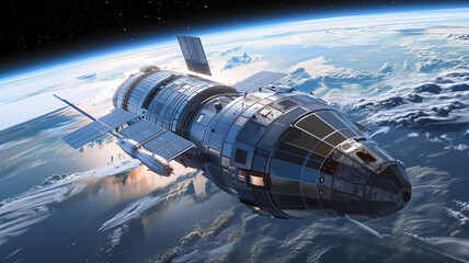 Spaceship orbiting planet in futuristic galaxy exploration, AI Generative.