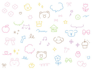 手描きのかわいい飾りイラストのベクターイラストセット　ふきだし　ハート　動物　星　花　矢印　リボン