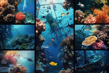 A collage of underwater adventures, featuring vibrant coral reefs, diverse marine life, and mysterious shipwrecks, each image capturing the beauty and wonder of the underwater world.