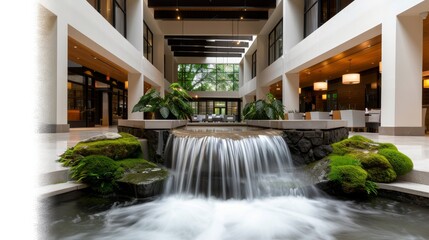 Fototapeta premium Tranquil indoor courtyard in a hotel lobby, small waterfall flowing by moss-covered seating, creating a comfortable, good mood atmosphere