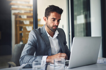 Business, thinking and man with laptop, solution and corporate professional with wonder, thoughts...