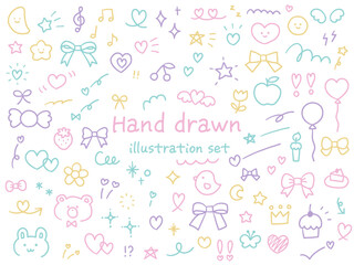 手描きのかわいい飾りイラストのベクターイラストセット　ハート　動物　星　花　手書き　リボン　苺　