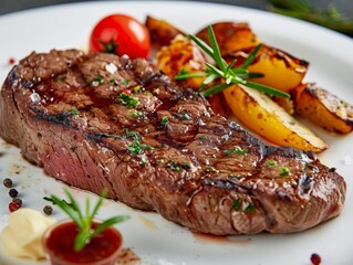 A mouthwatering steak served with a variety of delicious side dishes