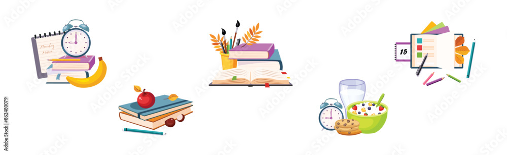 Poster back to school item and object composition vector set
