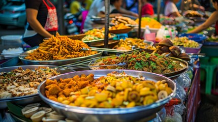 100. A view of a bustling street food market with vendors selling various delicacies, showcasing the vibrant flavors and cultural diversity of food.