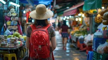 A female tourist carries a red backpack and wears a hat while shopping in the market.