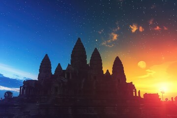 An ancient temple silhouetted against a clear blue sky, transitioning into an awe-inspiring sunset with vibrant colors, and then into a serene night scene