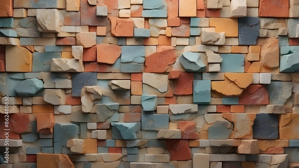 Poster multicolored stone tiles with a rough texture for cubist-inspired wall artworks and décor backdrops 