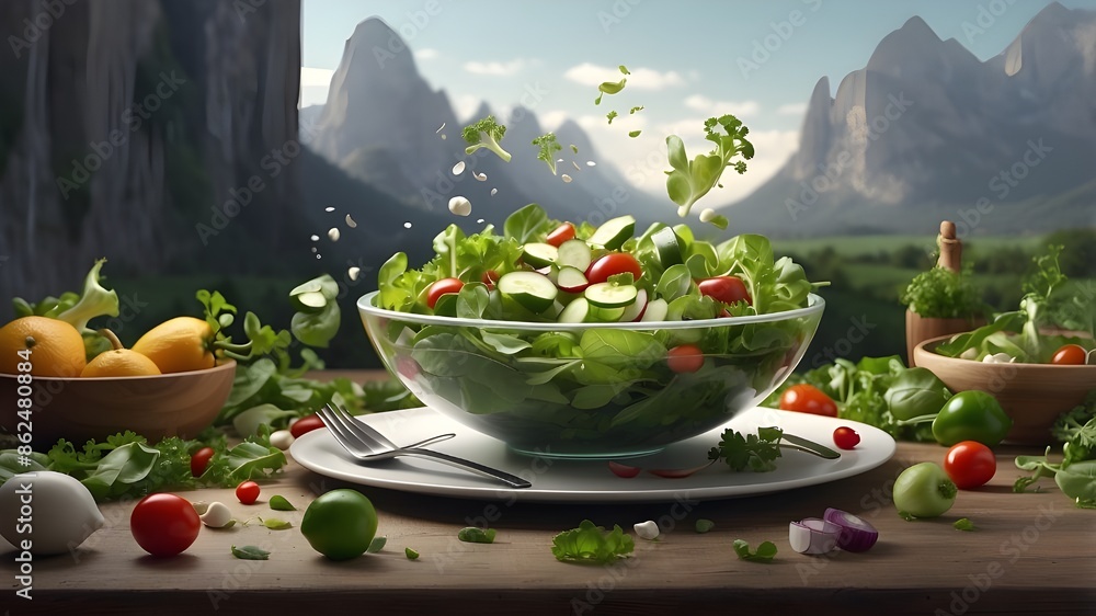 Fototapete creating floating green salad items with a computer illustration and matte painting