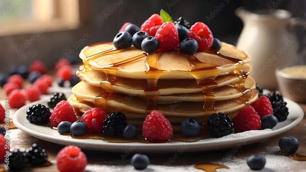Poster newly baked, sweet pancakes topped with a blend of berries and maple syrup, rendered in 3d using a m