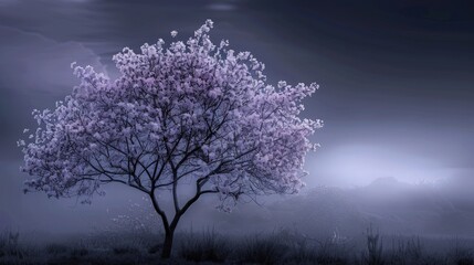 purple tree with fogy night sky background 