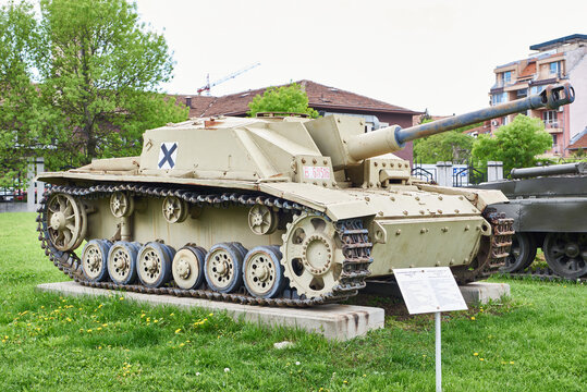 Sofia, Bulgaria, April 24, 2024; German Assault gun Sturmgesch&uuml;tz III (StuG III) Ausf. G in museum