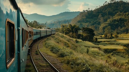 71. A view of a scenic train journey through rolling hills and valleys, showcasing the beauty and tranquility of travel.