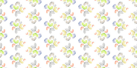 Seamless delicate pattern with flying butterflies, leaves and wild wildflowers, abstract summer floral watercolor print for fabric and wallpaper.