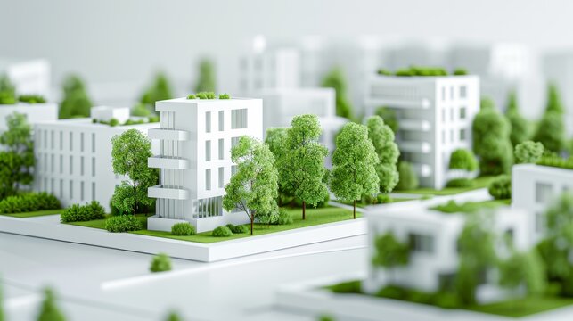 Green residential community surrounding an eco factory, model showcasing dense greenery and trees, focused on sustainable development