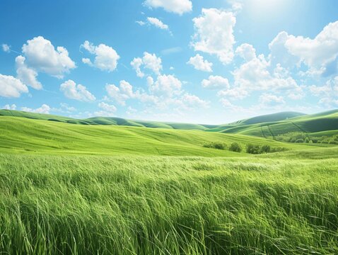 A wide view of a sunlit grassy field with rolling hills in the background, the fresh summer grass swaying gently in the light breeze under a clear, sunny sky with scattered white clouds