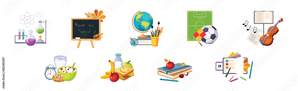 Poster back to school item and object composition vector set