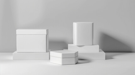 A modern minimalistic mockup of white packaging boxes with clean lines and simple design, set against a neutral background.
