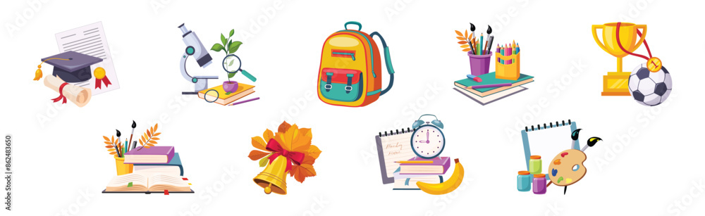 Poster back to school item and object composition vector set