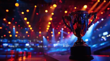  eSports Winner Trophy Standing on a Stage in the Middle of the Computer Video Games Championship Arena