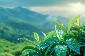 Verdant tea leaves glistening with dew drops at sunrise, with misty mountains in the background of the plantation