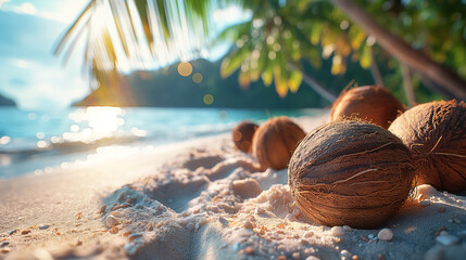 White beach closeup and palm leaves with coconuts with ocean bokeh background