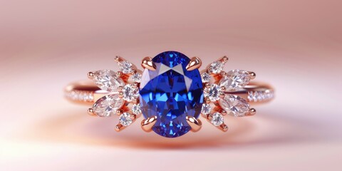 A luxurious sapphire ring with sparkling diamonds set in rose gold, showcased on a soft pink backdrop