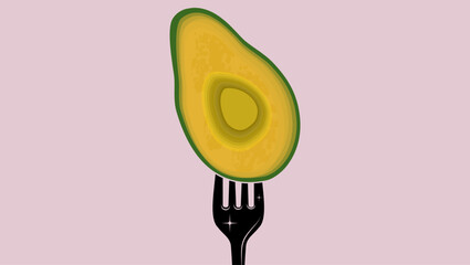 avocado on fork, flat color illustration