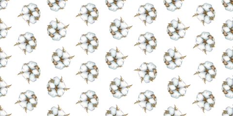 Cotton watercolor hand drawn, Seamless pattern background dry branch, single element clipart. Fluffy cotton for fabric and design, dried flowers..